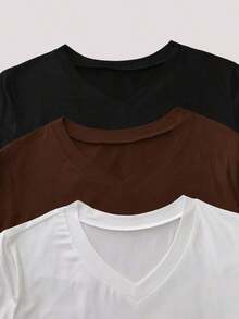 Camiseta casual versátil de manga corta y cuello en V de unicolor para mujer de talla grande - Multicolor 4 - Ver 10