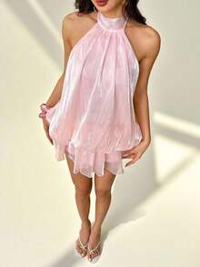 Elegant Light Yellow Women's Mini Dress With Halter Neck And Bow, Suitable For Parties, Dates, Autumn/Winter, Spring/Summer - 淡粉紅色 - 查看 10