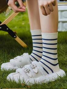 1/3/5/10 Pairs Random Women's Solid Color Comfortable Breathable Ins Striped & Letter Design Mid-Calf Socks - Blue and White - View 6