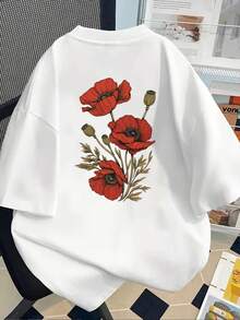 180g Cotton Short-Sleeved T-Shirt - Short-Sleeved T-Shirt With Front And Back Print - Red Poppy, Poppy Flower - Fashionable Printed T-Shirt For Women, Spring/Summer, Your Best Choice! - Unisex Style. - 白色 - 查看 2