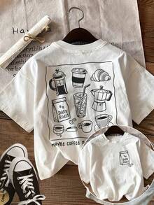 [Front And Back Images] Spring/Summer T-Shirt, Hand-Drawn Style, Coffee And Bread, Maybe Coffee, Casual, Loose Fit, Round Neck, Short Sleeve, Printed, Women's T-Shirt - 白色 - 查看 7
