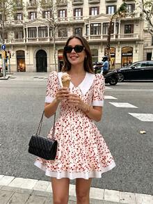 Đầm mini xòe tay phồng họa tiết hoa nhí lãng mạn kiểu Pháp mùa hè của Vuslat dành cho nữ, đầm ngắn hai lớp phối hoa tương phản thanh lịch cho buổi trà chiều, thích hợp cho các bữa tiệc sang trọng, đi làm, dạo vườn, họp mặt, lễ tốt nghiệp, dự đám cưới, kỳ nghỉ, dạ hội, vườn nhà. - Nhiều màu - Xem 3