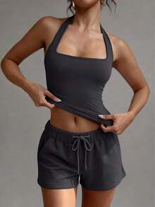 Camiseta sin espalda sexy, top de verano con cuello cuadrado elástico, ajuste casual y elegante para mujeres, color blanco - Gris Oscuro - Ver 8