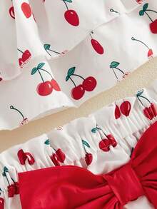 Conjunto de verano para bebé niña pequeña: top sin mangas con cuello cuadrado y volantes, estampado a cuadros/fresas/cerezas, y shorts con lazo 2 piezas. - Rojo - Ver 7