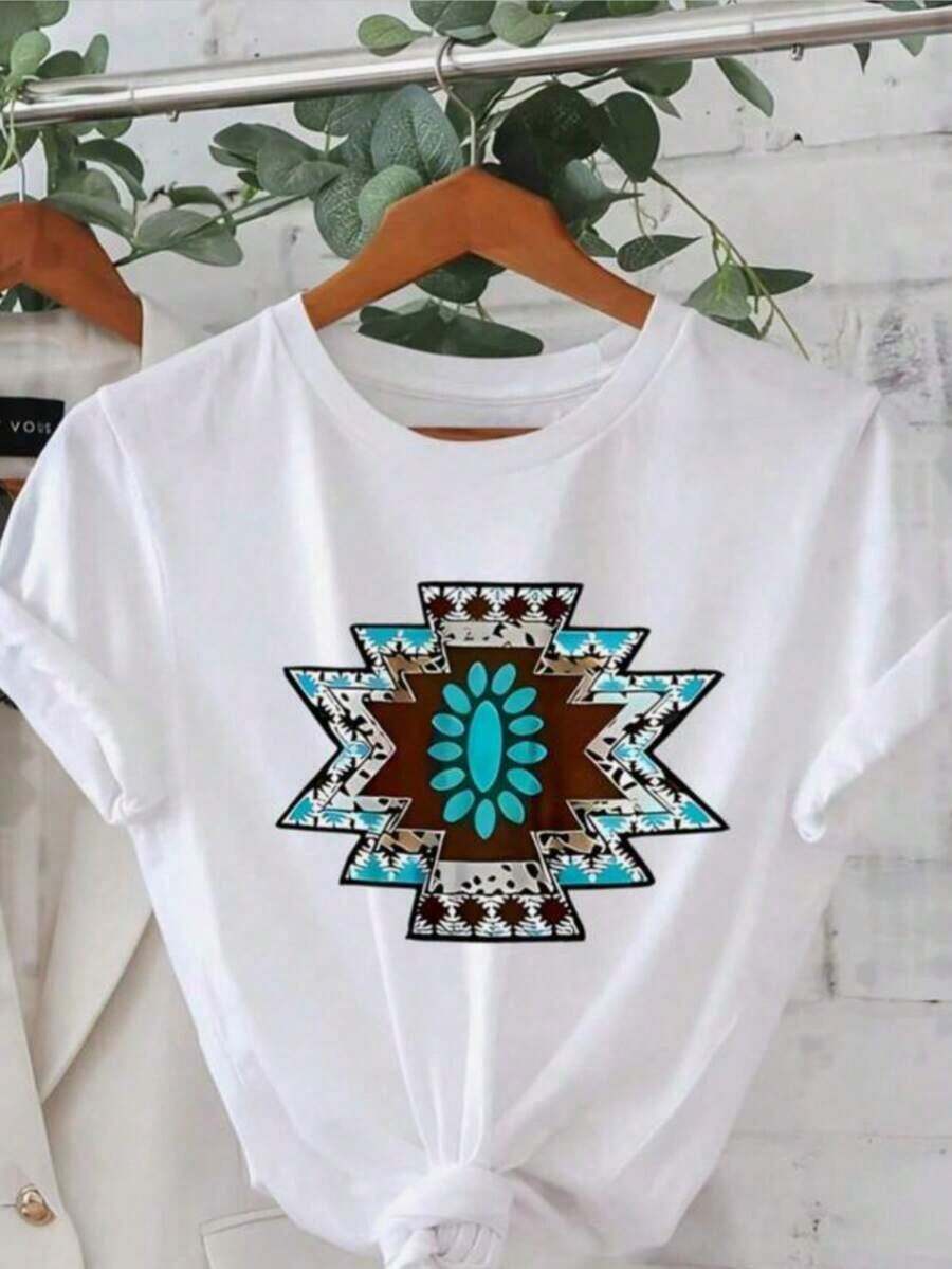 YYS101 Women's Western Graphic Print Sports T-Shirt, Short Sleeve, Round Neck, Casual Style With Lettering And Floral Motifs, Machine Washable, For Spring/Summer In Teal, Brown, Black And White. Suitable As A Gift. Women's T-Shirt. Blouses > Elegant. Boho Chic. Soft, Breathable And Comfortable Women's Top, Ideal For Spring, Summer And Autumn, Perfect For Vacations, Travel And Everyday Wear. - 白色 - 查看 1