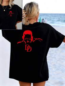 Red Figure Showing A Defiant Face With Horns Symbolizing Strength, Courage And Overcoming, Highlighting Inner Power And The Duality Of Character. Modern And Comfortable Double-Print Women's T-Shirt For Casual Wear - 黑色 - 查看 8