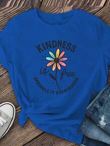Women's Fun "Kindness Freedom" T-Shirt With Colorful Floral Print, Short Sleeves, Made Of Soft And Breathable Polyester Fiber, With Medium Elasticity, Machine Washable, Perfect For Summer Fashion, Women's Clothing, New Style, A Must-Have Garment For Spring And Summer. - Blue - View 3
