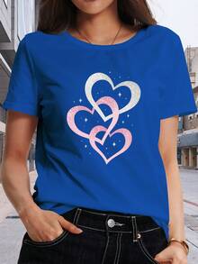 Fun Short-Sleeved T-Shirt For Women With An "Intertwined Pink Heart" Print, Made From Soft And Breathable Polyester Fiber With Medium Stretch, Machine Washable, And A New Style. This Casual Short-Sleeved T-Shirt With A Round Neck And Print Is A Must-Have For Spring And Summer, Versatile For Everyday Wear. Ideal For Summer. - 藍色 - 查看 1