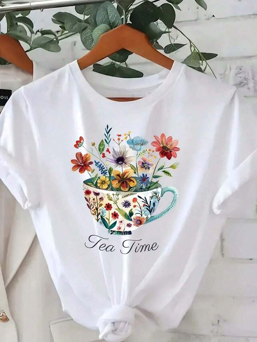 Camiseta con Estampado de Taza de Té Floral de FunnyWo - Corte Holgado, Estilo Vintage Británico para Fiesta de Té con Patrones Florales Multicolor - Camiseta Suave y Transpirable para Uso Diario - Lavable a Máquina, Ideal para Fiestas Casuales de Verano - Blanco - Ver 1