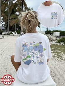 [Double-Sided Print] Women's Spring And Summer Top, Beach Fashion, Cool Style, Blueberry Print, Bow, Flowers And Hearts, Casual Short Sleeve Round Neck T-Shirt - 黑色 - 查看 10