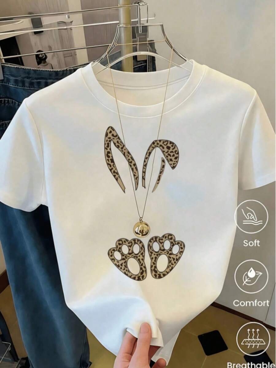 180g Made In Mexico, Spring/Summer 2026 Fashion Short Sleeve T-Shirt, Cartoon Print, Couple Style, Underwear/Outerwear, Casual Round Neck For Office, Unisex One Piece Top - 白色的 - 查看 1