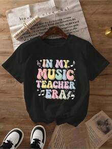 Women's Cotton Graphic T-Shirt "In My Music Teacher Era", 100% Cotton, Casual Crew Neck, Short Sleeve, Black, For Spring, Summer And Autumn, 180 Gsm Blend, Washable, Teacher Theme, Vibrant Print, Glossy Finish. Women's Blouses/Shirt - 黑色 - 查看 8
