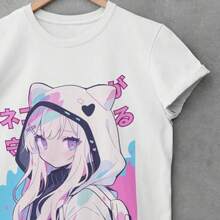 Vintage Pastel Cat Ear T-Shirt For Girls | Cute Comic Book Girl | Harajuku Style Japanese Streetwear | Unisex Loose Fit | Kawaii Anime | Anime Fashion Items - 白色 - 查看 1