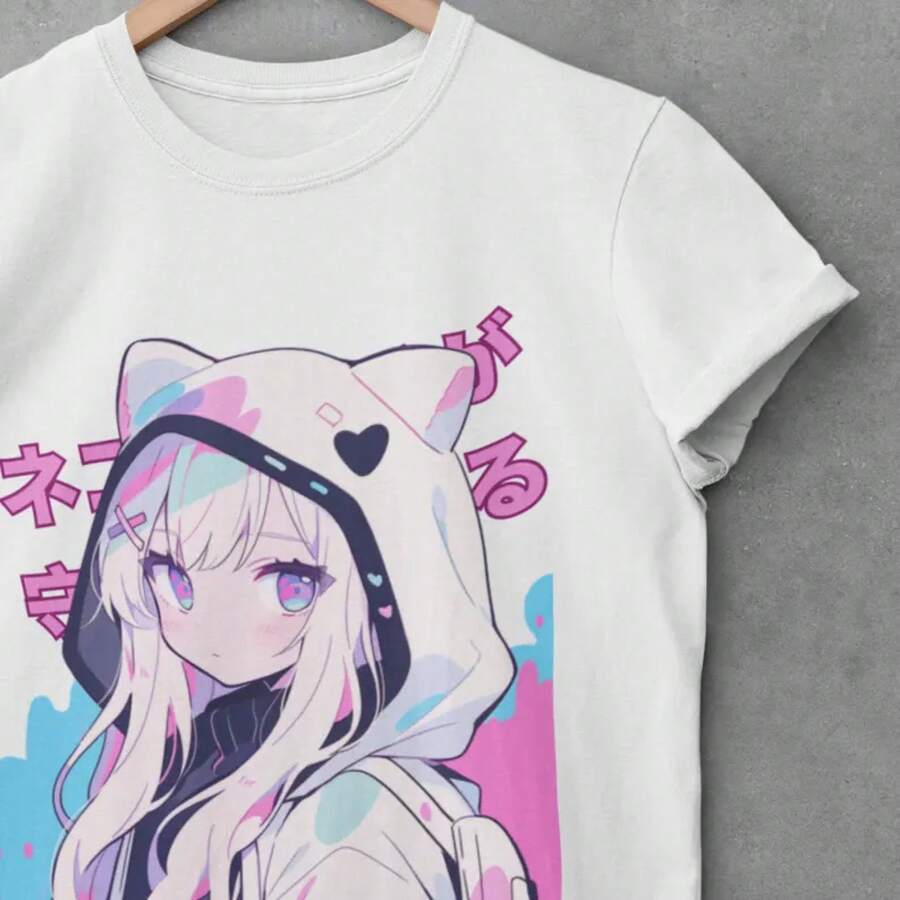 Vintage Pastel Cat Ear T-Shirt For Girls | Cute Comic Book Girl | Harajuku Style Japanese Streetwear | Unisex Loose Fit | Kawaii Anime | Anime Fashion Items - 白色 - 查看 1