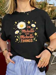 Women's T-Shirt With A Daisy Graphic Print, Perfect For Spring. Made From 100% Cotton, It Features A Round Neck, A Relaxed Fit, And A Comfortable, Urban Hip-Hop Style. Beautiful Blouses, 100% Cotton. - 黑色 - 查看 6
