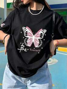 Butterfly Be Yourself Graphic T-Shirt, Y2K Aesthetic Print T-Shirt, Casual Short Sleeve T-Shirt With Inspirational Quote, Urban Fashion Top - 白色 - 查看 7