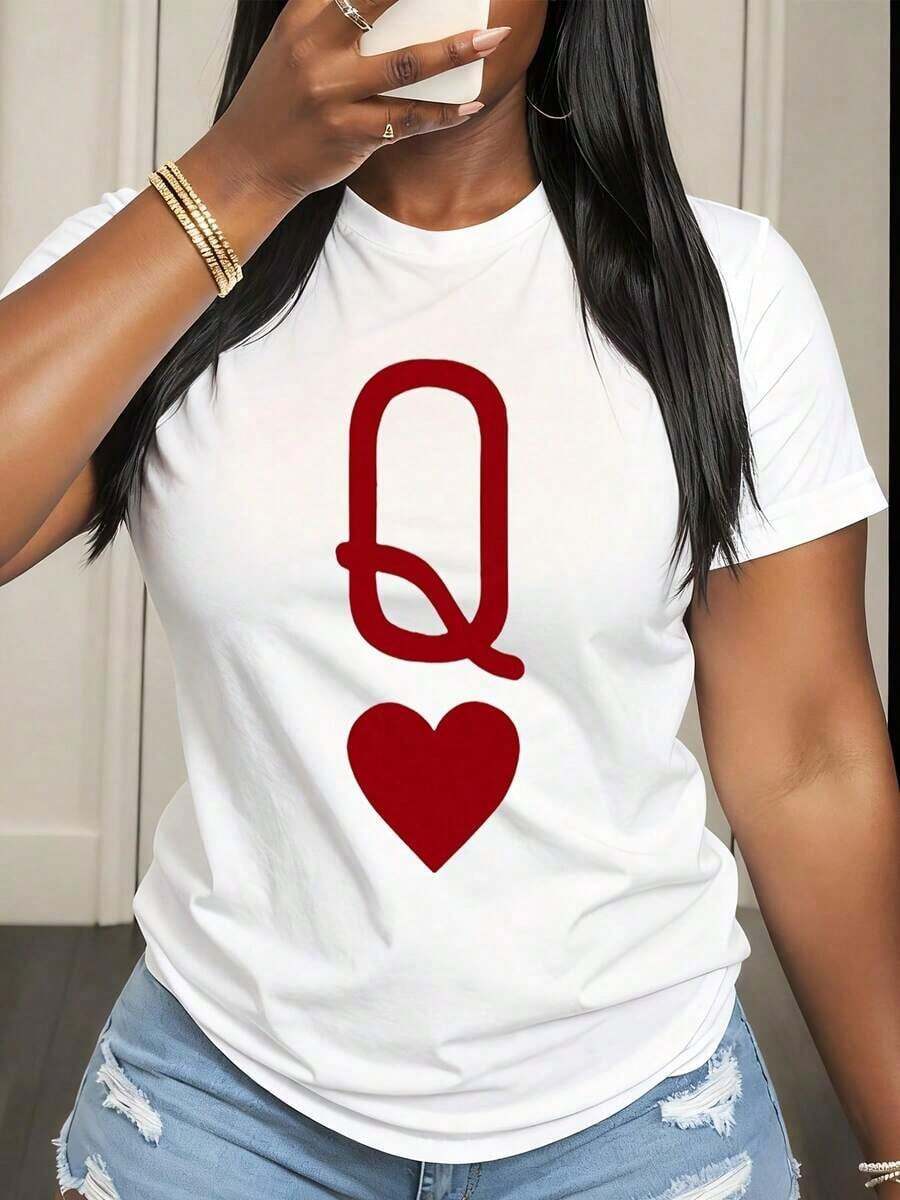 Queen Of Hearts Women's Q Heart Graphic T-Shirt, Casual Summer Top, White And Red Design, Fashion T-Shirt - 白色 - 查看 1