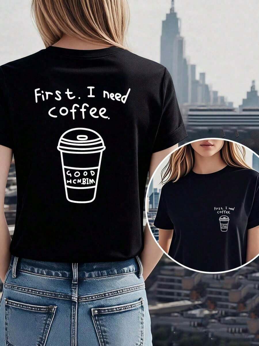 Nueva Colección de Verano 2026: Camiseta con Estampado de Taza de Café de Doble Cara "Primero Necesito Café" para Mujeres Jóvenes, Moderna, Casual, Elegante, Única y Cómoda, Camiseta de Manga Corta con Cuello Redondo para Mujer, la Más Vendida en Europa y América, Camiseta de Verano con Estampado Frontal y Trasero. - Negro - Ver 1