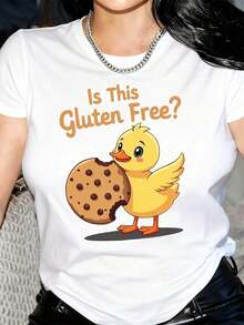 New Arrivals For Summer. Fun Gluten-Free T-Shirt For Women - Graphic Design Of A Duck Eating A Cookie - White Crew Neck T-Shirt - Lightweight And Casual Everyday Top For Gluten-Free Diets - Machine Washable, A Wardrobe Essential. Blouse, Shirt > Beautiful. - 白色 - 查看 1