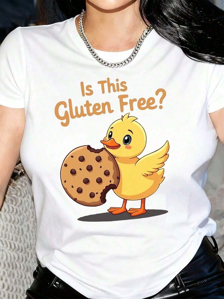 New Arrivals For Summer. Fun Gluten-Free T-Shirt For Women - Graphic Design Of A Duck Eating A Cookie - White Crew Neck T-Shirt - Lightweight And Casual Everyday Top For Gluten-Free Diets - Machine Washable, A Wardrobe Essential. Blouse, Shirt > Beautiful. - 白色 - 查看 1