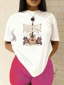 Fashionable Women's T-Shirt | Interesting Retro Creative Patterns, Soft And Comfortable 100% Pure Cotton, Short Sleeves, Casual And Elegant, Fashionable Women's Clothing, Essential For Holidays, Round Neck, Regular Fit. - 白色 - 查看 1