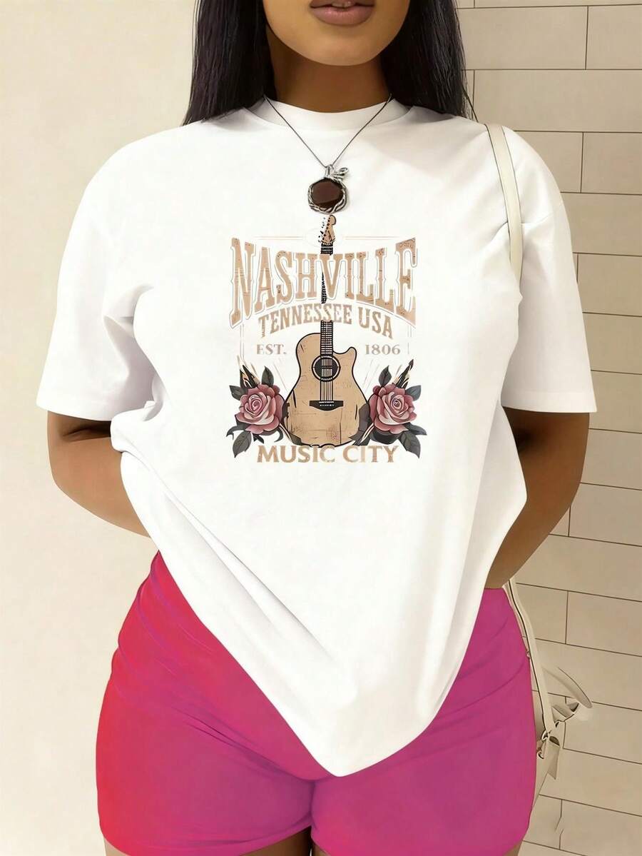 Fashionable Women's T-Shirt | Interesting Retro Creative Patterns, Soft And Comfortable 100% Pure Cotton, Short Sleeves, Casual And Elegant, Fashionable Women's Clothing, Essential For Holidays, Round Neck, Regular Fit. - 白色 - 查看 1