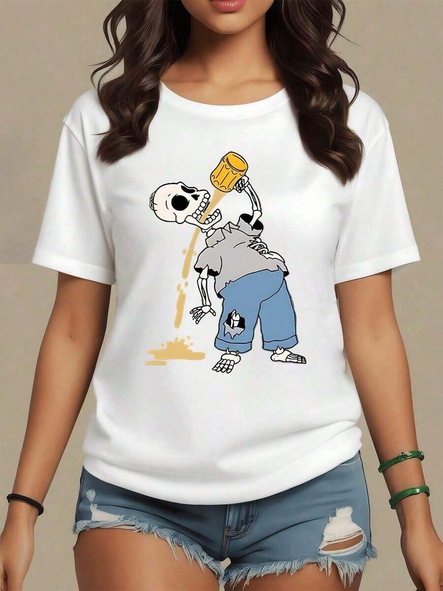 Funny Skeleton Holding A Beer Mug As A Symbol Of Dark Humor And Rebellious Style For A Free And Cheerful Attitude. Women's Casual Modern And Comfortable T-Shirt - Vintage Street Style Unisex Loose Cotton Short Sleeve Crew Neck Shirt - 白色 - 查看 1