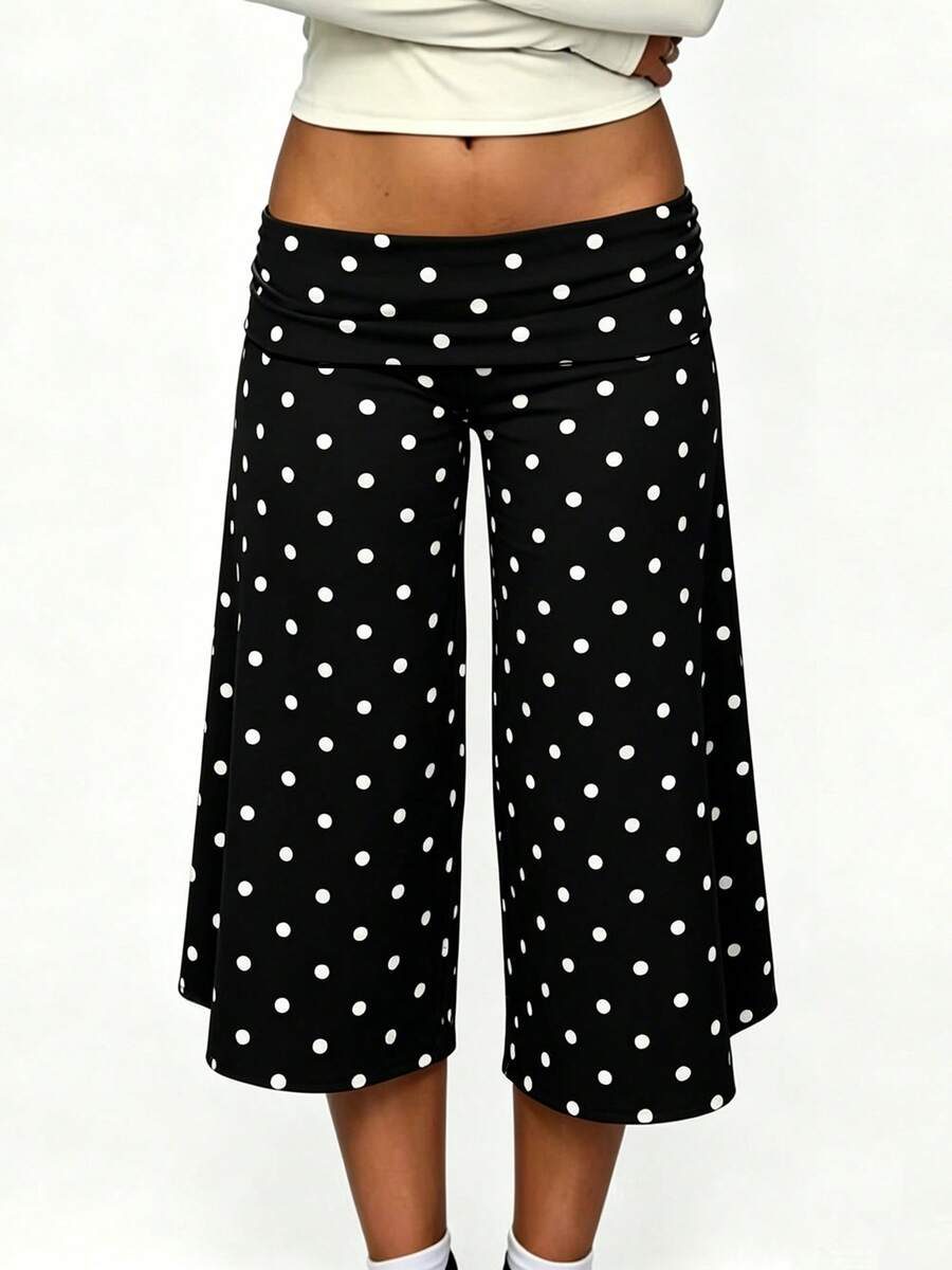 Women Casual Fold Over Loose Fit Capri Pant Leg Cropped Flowy Cotton Gaucho Pants Comfy Casual Yoga Coluttes Pajama Bottom Soft Comfortable Cropped Trouser Lounge Sleepwear Bottoms - 黑與白 - 查看 1