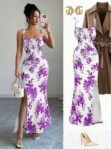 Nuevo vestido de mujer con tirantes de espagueti, lazo en la cintura, diseño de dobladillo fruncido y abertura, versátil para citas, fiestas y uso diario, favorecedora y elegante - Morado - Ver 1