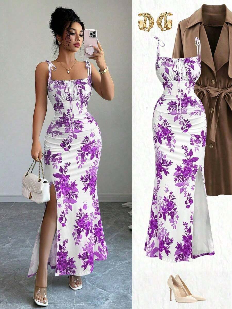 Nuevo vestido de mujer con tirantes de espagueti, lazo en la cintura, diseño de dobladillo fruncido y abertura, versátil para citas, fiestas y uso diario, favorecedora y elegante - Morado - Ver 1