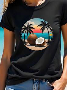 Women's 180g Black T-Shirt With Tropical Coconut And Beach Print, 100% Cotton, Summer Design, Round Neck, Short Sleeve, Casual Style, Ideal For Summer And Holiday Days. - 黑色 - 查看 1