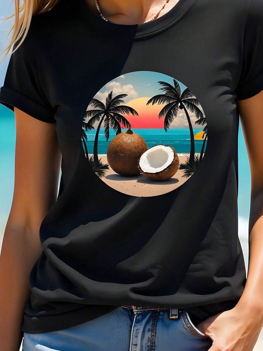 Women's 180g Black T-Shirt With Tropical Coconut And Beach Print, 100% Cotton, Summer Design, Round Neck, Short Sleeve, Casual Style, Ideal For Summer And Holiday Days. - 黑色 - 查看 1