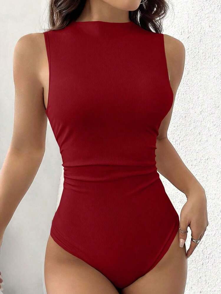 Body sin mangas de unicolor minimalista y de moda para mujer, de verano - Rojo - Añade 1