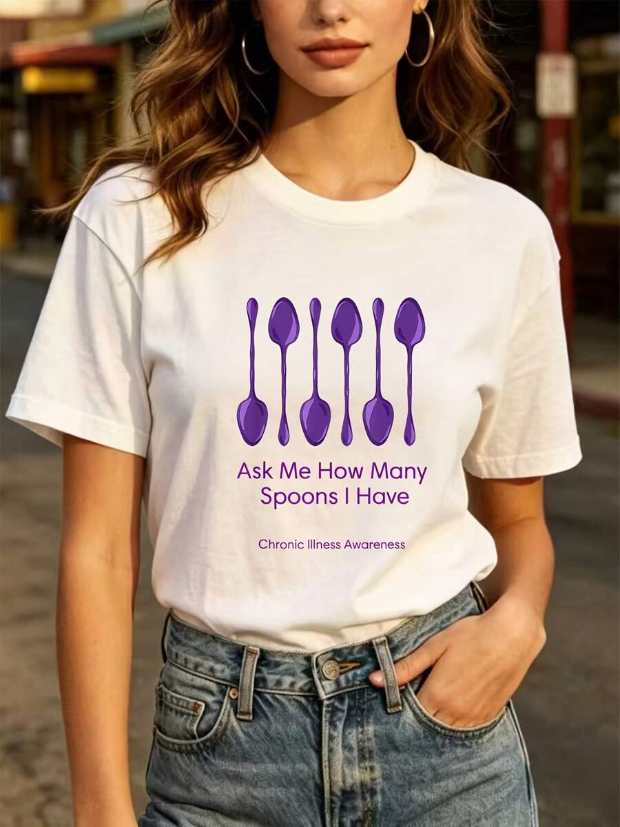 Fashionable Casual T-Shirt For Everyday Wear, 180g, Chronic Disease Awareness T-Shirt "Ask Me How Many Spoons I Have", A Perfect Gift For Family And Friends, Suitable For All Occasions. | Summer Casual T-Shirts, Essential For Team Building. - 白色 - 查看 1