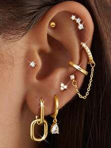 Bộ 8 chiếc bông tai đồng mạ vàng đính đá zirconia hình giọt nước hình học thanh lịch, phù hợp cho đi biển, tiệc tùng, đám cưới, sinh nhật, đeo hàng ngày - Vàng - Xem 5