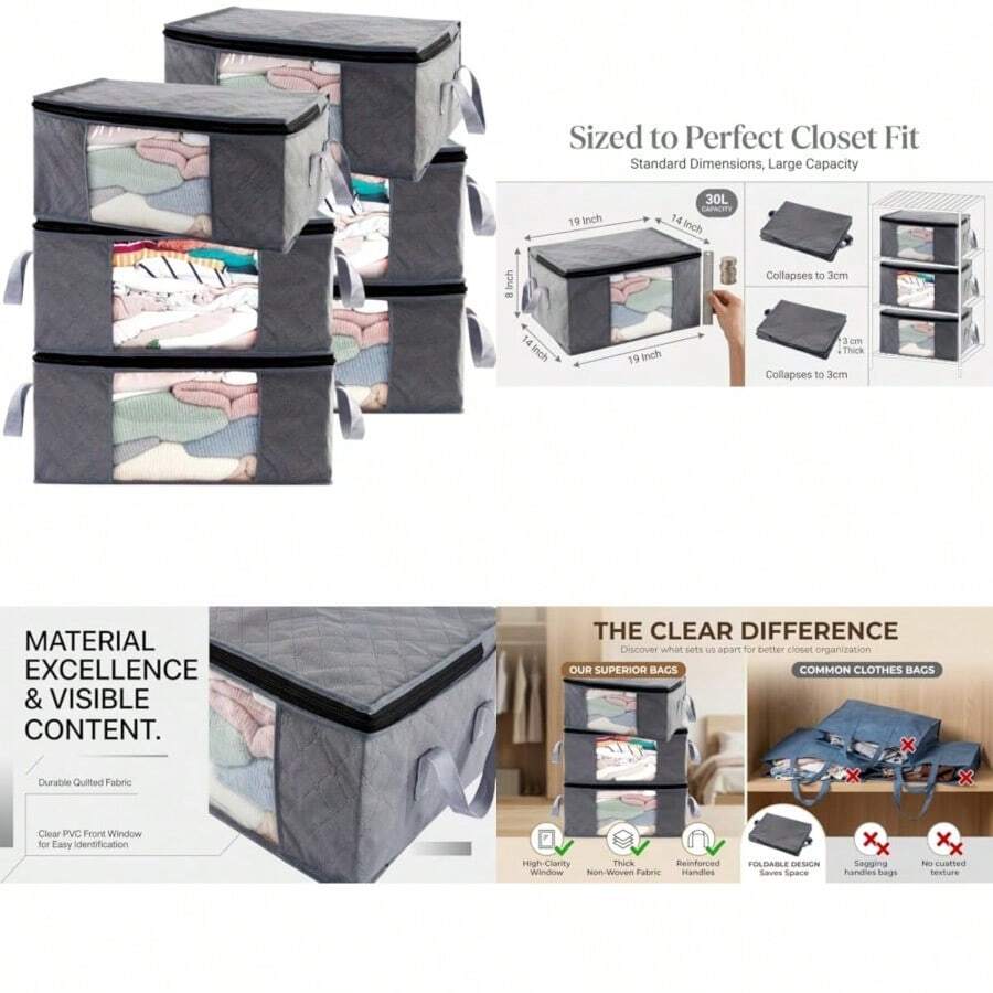 Contenedores de ropa de almacenamiento - Contenedores de 35 l, organizadores de ropa, organización para organizar mantas, colchas, suéteres, plegables, pequeñas bolsas de almacenamiento con tapas con - Paquete de 6 piezas gris - Ver 1
