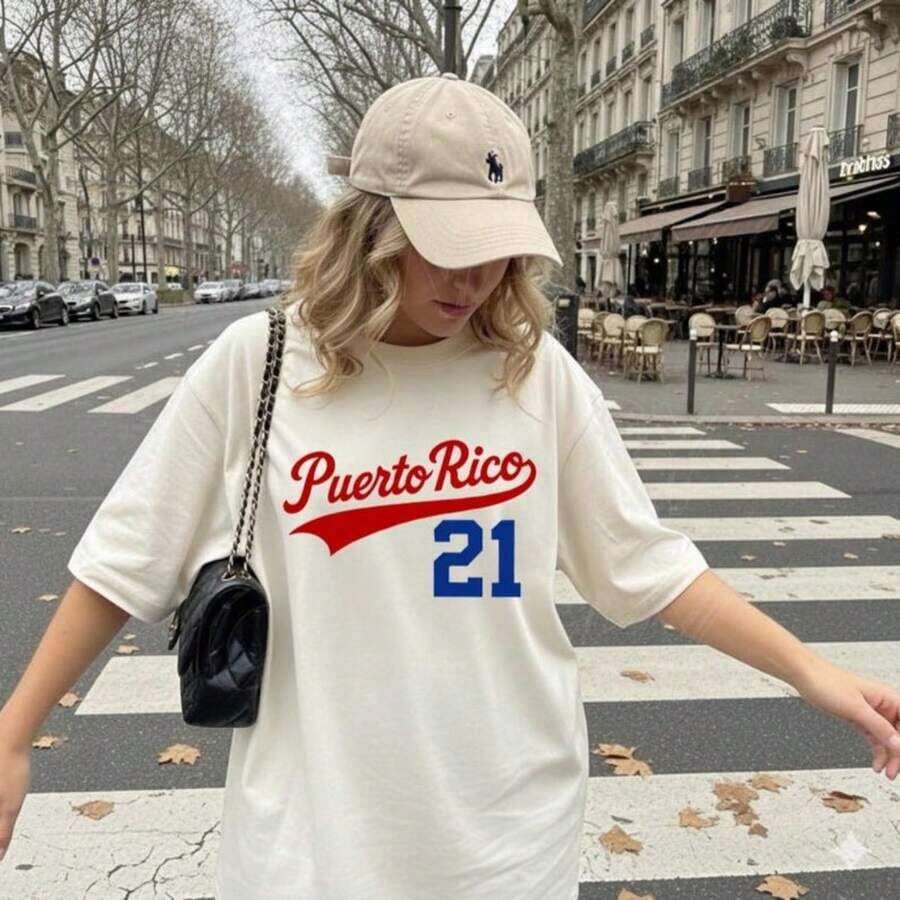 Camiseta de Béisbol de Puerto Rico: Camiseta Deportiva Retro PR Unisex de Cuello Redondo para Mujer, 100% Algodón - Blanco - Ver 1