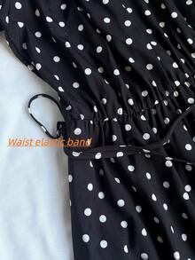 Đầm chiffon chấm bi nữ, thắt eo, cổ chữ V, tay dài, ngắn, thanh lịch, thích hợp cho kỳ nghỉ xuân, giúp thon gọn vóc dáng. - Đen và trắng - Xem 7