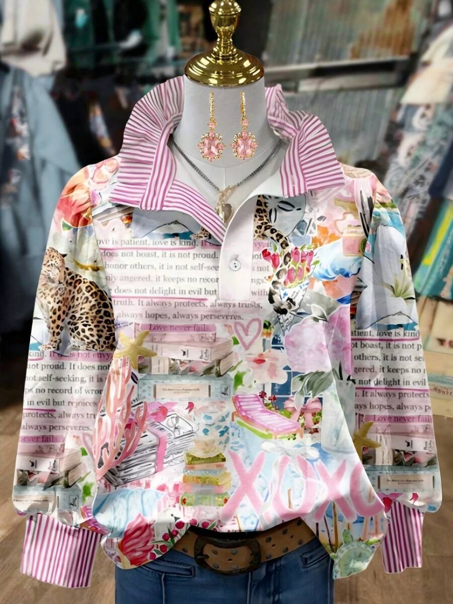 Striped Collar, Leopard-Print Floral Letter Print Shirt, Streetwear Casual Style, Comfortable Long-Sleeve T-Shirt, Women's Top - 彩色 - 查看 1
