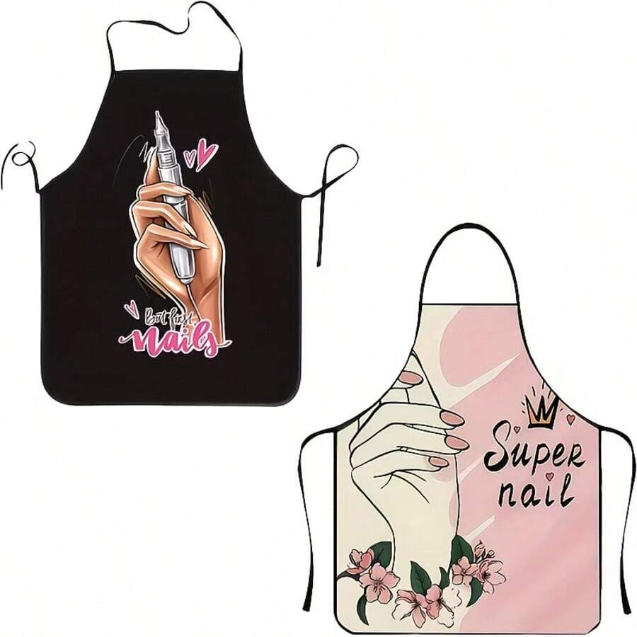 Unisex Apron With Nail Art Design Suitable For Chefs, Cooking, Kitchen And Gardening - 100% High-Strength Polyester Apron With Adjustable Neck Strap - Black + Pinkish Gray - View 1