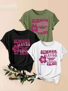 Women's T-Shirts, One-Piece Set With Tropical Floral Prints And Vintage Lettering. Beautiful, Elegant, Casual, And Sporty Garment, Ideal As A Holiday Gift. Machine Washable, Short-Sleeved Top With A Round Neck. - 1件白色隨機圖案 - 查看 1