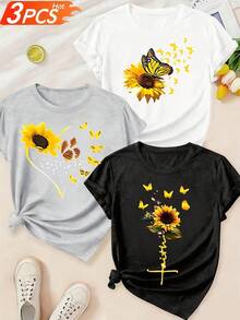 Women's T-Shirts, Women's T-Shirts, 1 Piece Women's Casual T-Shirt, Round Neck, Medium Elasticity, Sunflower Print, Suitable For All Seasons - Sizes S-XXL - 1件白色隨機圖案 - 查看 6
