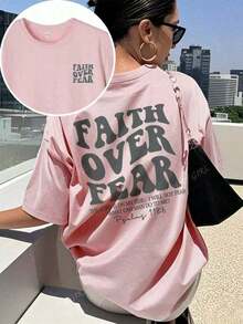 "Faith Over Fear" Double Print T-Shirt - Short-Sleeve Crew Neck Pure Cotton T-Shirt,  Holiday Style, A Daily Essential. Holiday Outfits, Simple Retro Street Style Top. Everyday Campus Wear For Men And Women - Comfortable Loose Fit Cotton Vintage Street Style T-Shirt - 羅莎 - 查看 11