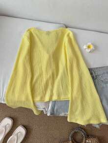 Blusa casual de mujer de manga acampanada con lazo, unicolor, top color burdeos, top rojo vino, top rojo oscuro, ropa estilo cottagecore, blusas rojas para mujer, casual - Amarillo 3 - Ver 2