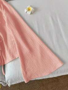 Blusa casual de mujer de manga acampanada con lazo, unicolor, top color burdeos, top rojo vino, top rojo oscuro, ropa estilo cottagecore, blusas rojas para mujer, casual - Rosa vieja - Ver 4