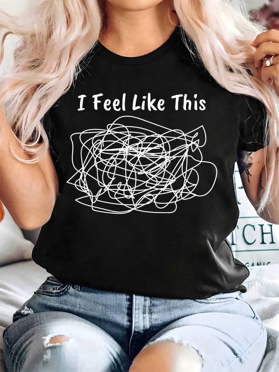 Plus Size T-Shirt For Women With Emotional Slogan "I Feel This" - Round Neck, Short Sleeve, Comfortable And Casual With Line Print And Drawing - Casual Clothing For Spring And Summer - Plus Size Friendly - 黑色 - 查看 1