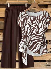 Conjunto de 2 piezas de camisa elegante casual con lazo y pantalones rectos sueltos de estampado floral retro para mujer - Multicolor 6 - Ver 1