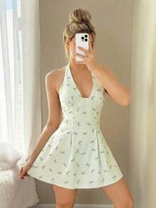 Vestido mini halter con cintura ajustada y estampado de mariposas - Verde - Ver 6