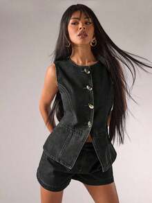 Blusa vaquera sin mangas con botones delanteros, casual y para ir al trabajo, para verano - Negro - Ver 7