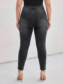 High Waist Dark Wash Tummy Tuck Skinny Plus Size Woman Denim Jean - Black - View 3